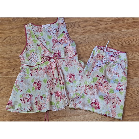 Oscar de la Renta Other - Oscar de la Renta Cherry Blossom Satin Pajama Set Sleepwear Floral Pink Green L